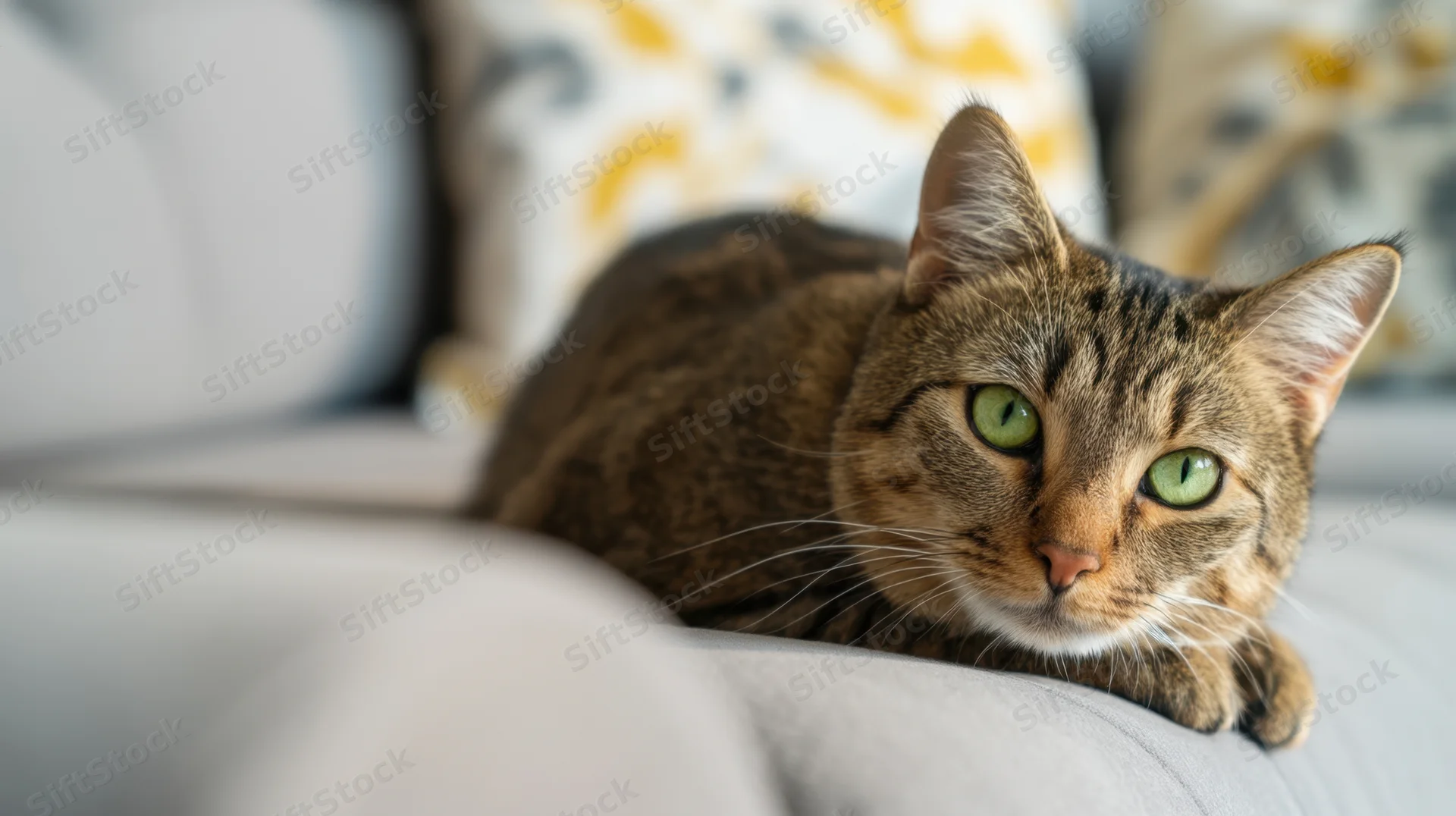 Tabby cat lounging on a sofa with green eyes looking forward