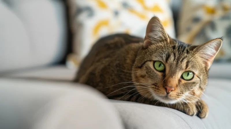 Tabby cat lounging on a sofa with green eyes looking forward