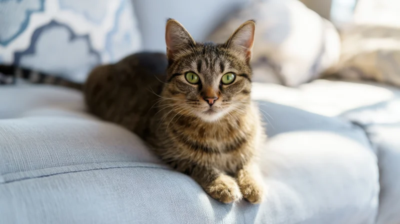 Tabby cat lounging on a light blue couch indoors, gazing directly at camera with green eyes