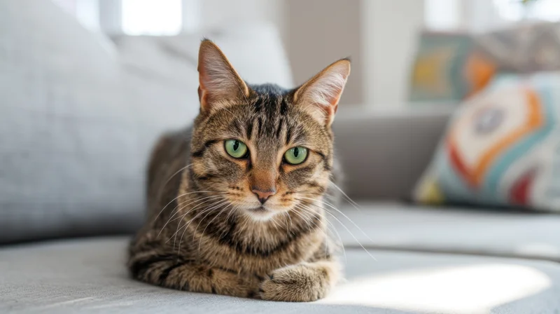 Tabby cat lying on a couch in a living room