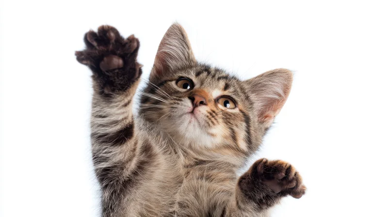 Tabby kitten reaching up with paws raised against white background