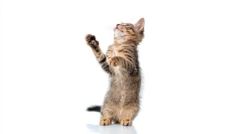 Tabby kitten standing on hind legs reaching upward on white background
