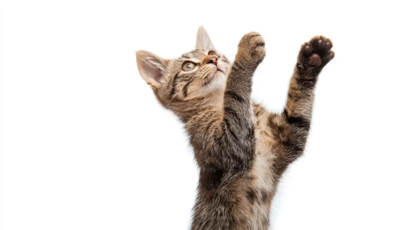 Tabby kitten reaching upward with front paws extended against white background