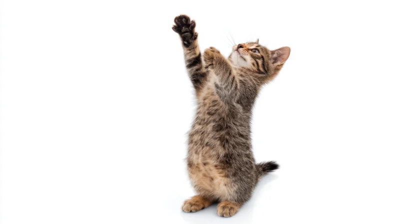 Tabby kitten standing on hind legs with front paws raised reaching upward against white background