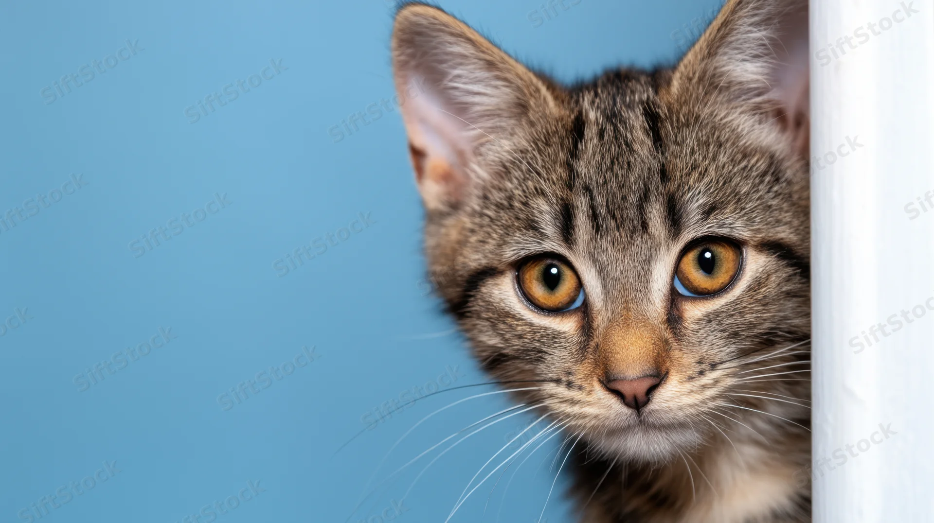 Tabby kitten peeking from behind white surface against blue background