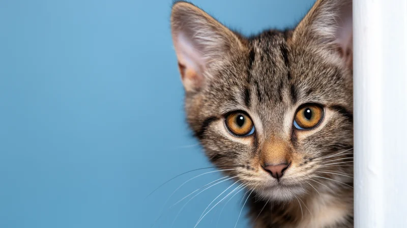 Tabby kitten peeking from behind white surface against blue background