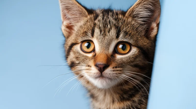 Tabby kitten peeking from behind a blue surface with wide eyes and alert ears