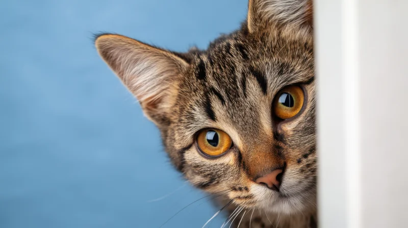 Tabby kitten peeking from behind a white corner against a blue background