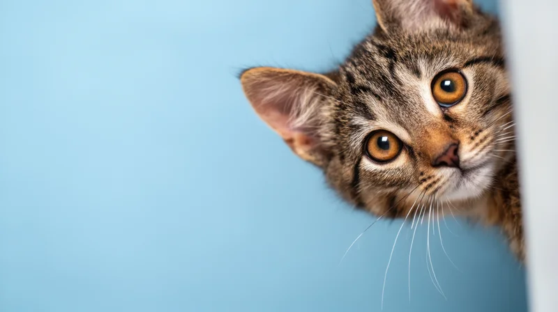 Tabby kitten peeking from behind a white surface against a blue background
