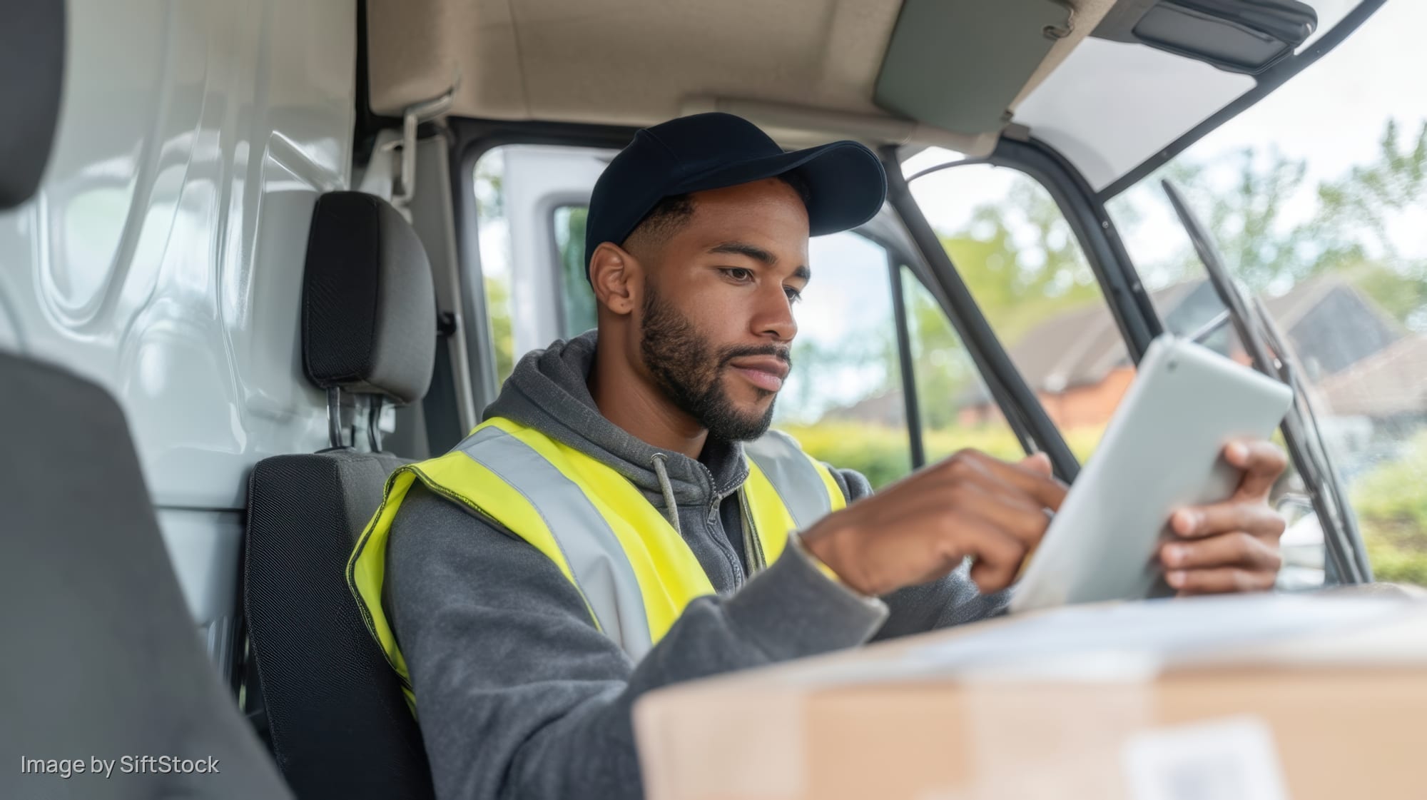 Delivery driver using tablet inside truck cabin while seated in front of package