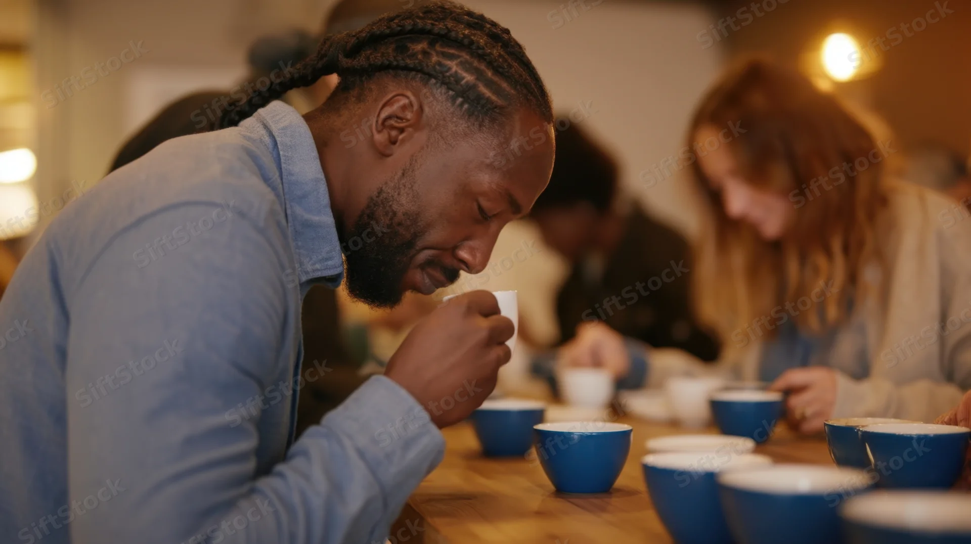 Man smelling coffee from a blue cup at a wooden table with others in background