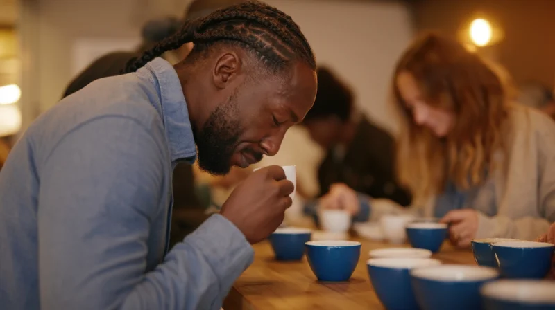 Man smelling coffee from a blue cup at a wooden table with others in background