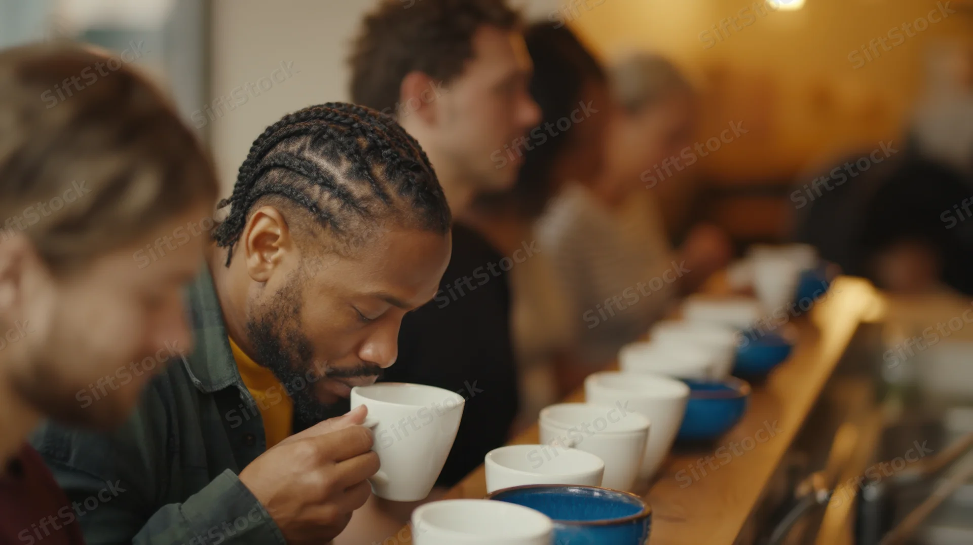 Man with braided hair sipping coffee at a wooden counter in a cafe with others around him