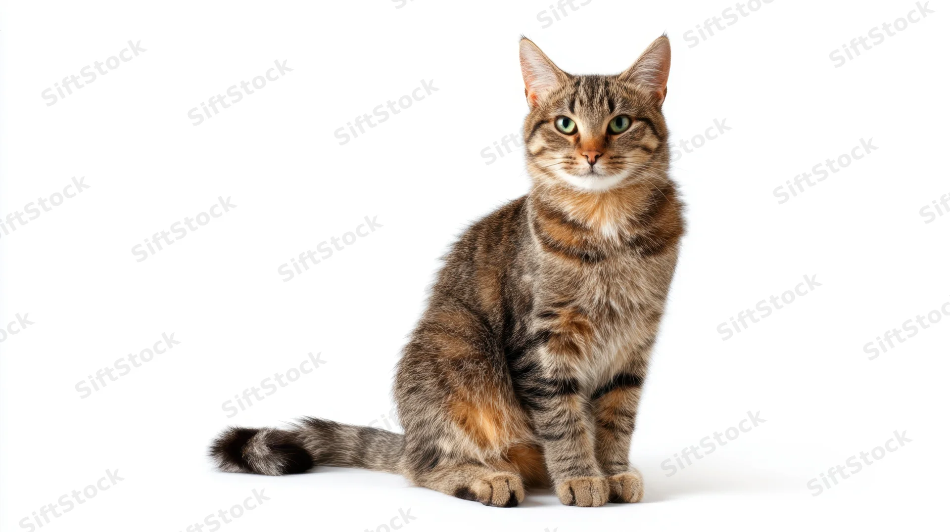 Tabby cat sitting alertly on white background