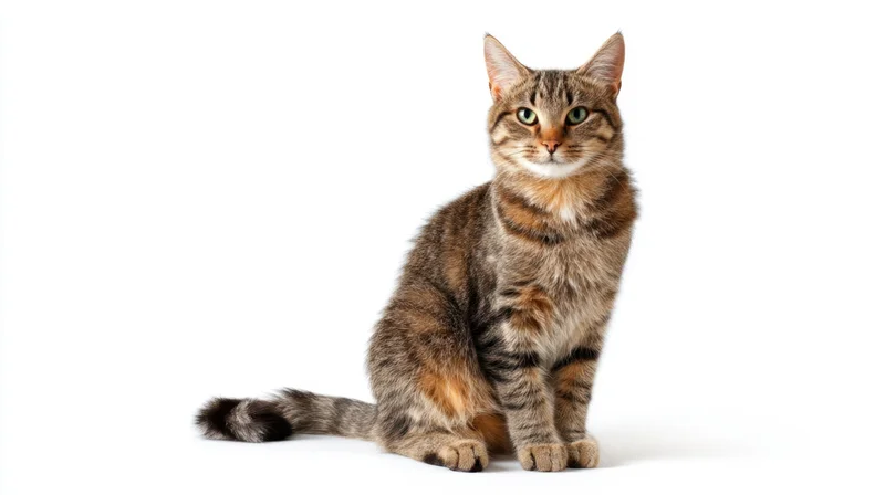Tabby cat sitting alertly on white background