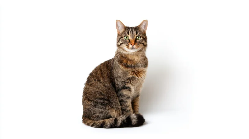 Tabby cat sitting alertly on white background