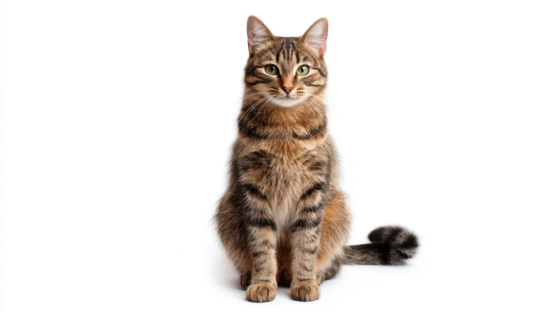 Tabby cat sitting upright on white background