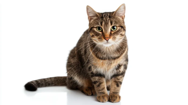 Tabby cat sitting alertly on white background with front paws together and tail extended behind