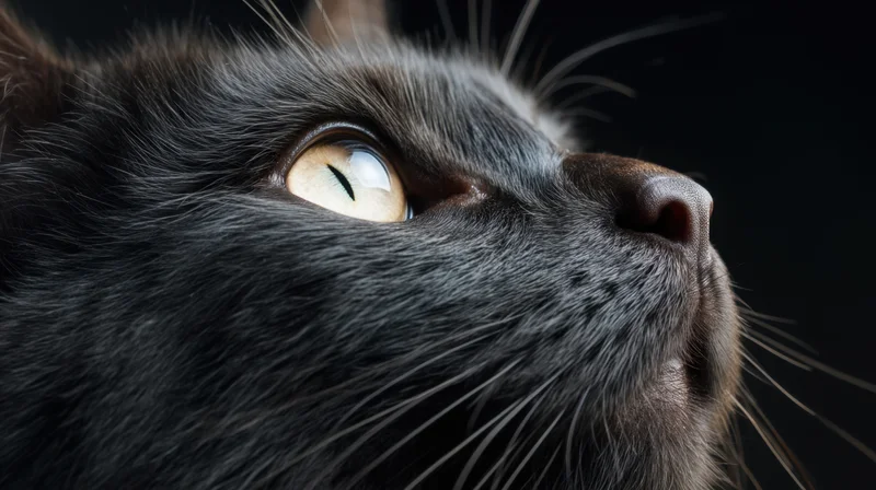 Closeup profile of a gray cat looking upward with detailed fur and bright eye against dark background