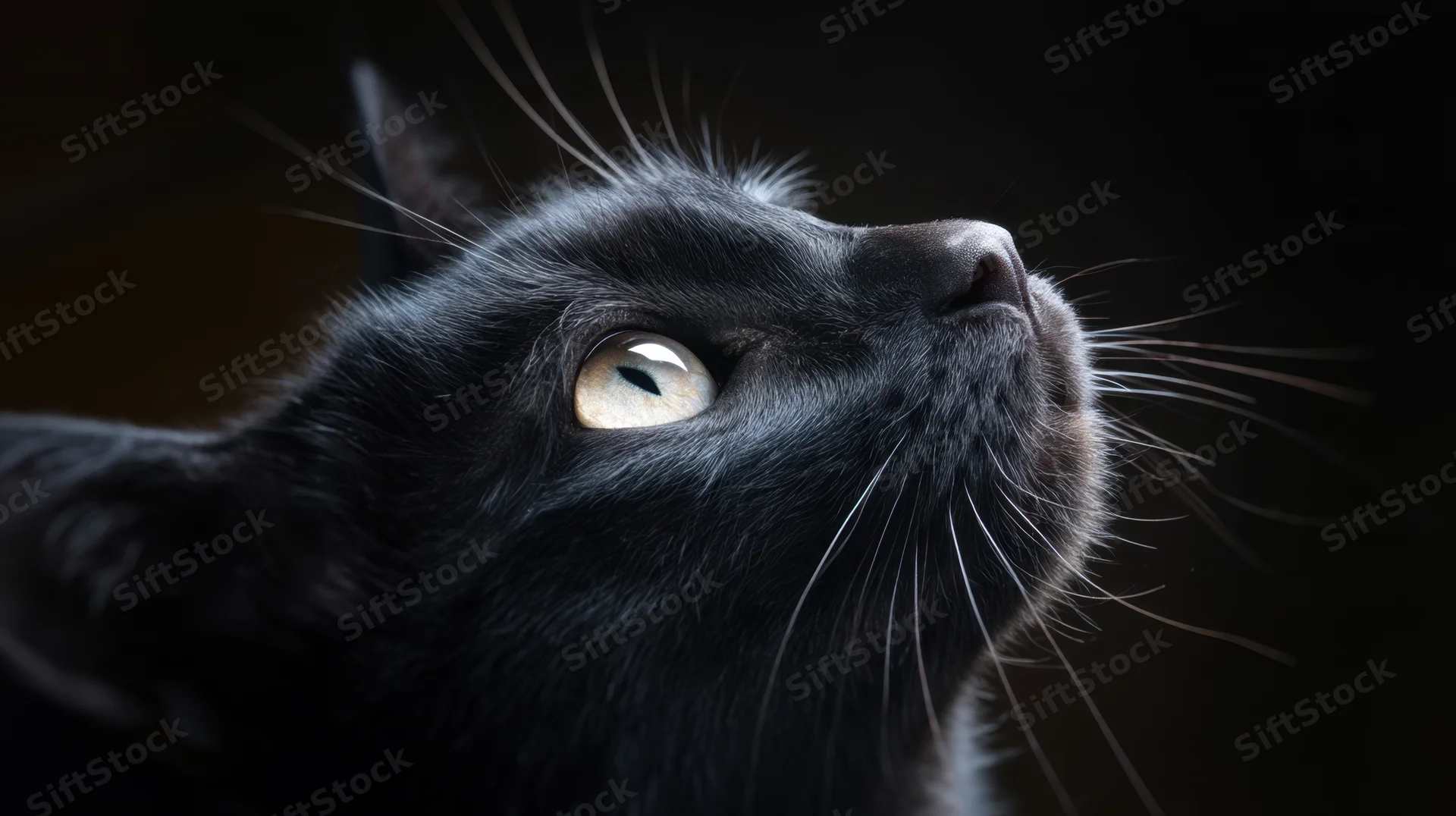 Close-up of a black cat looking upward with intense eyes against a dark background