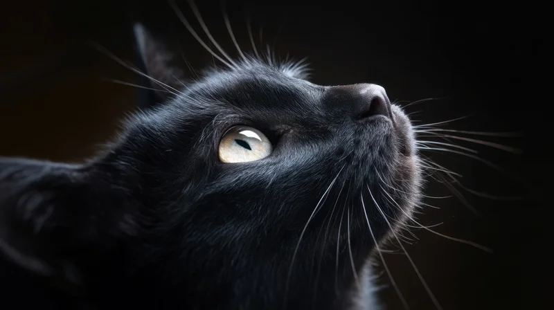 Close-up of a black cat looking upward with intense eyes against a dark background