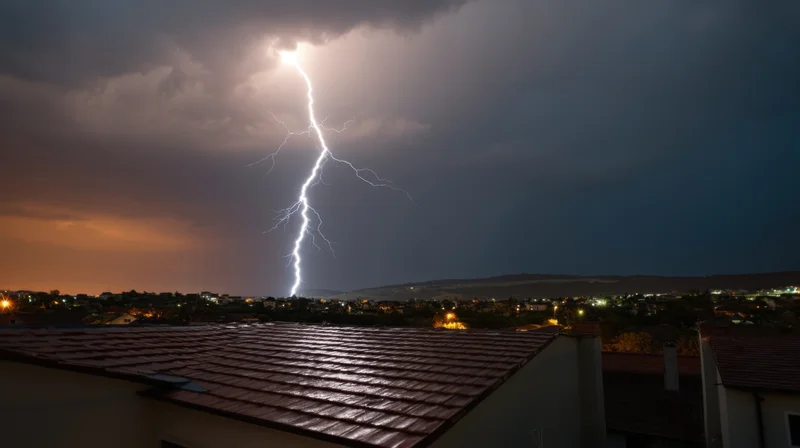 Jagged lightning bolt striking over a residential town at night, viewed from a rooftop
