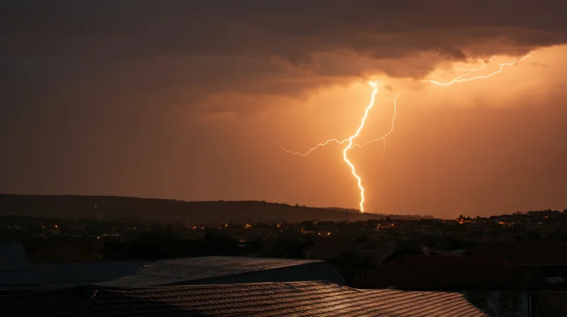 Jagged lightning bolt striking over a residential cityscape at dusk