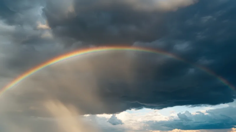 Rainbow arching across stormy sky with dark clouds and patches of light