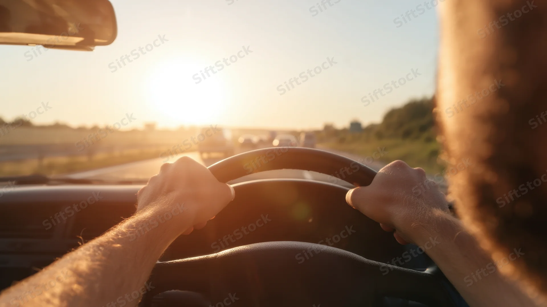 Man driving car on highway at sunset, hands on steering wheel, view from inside vehicle