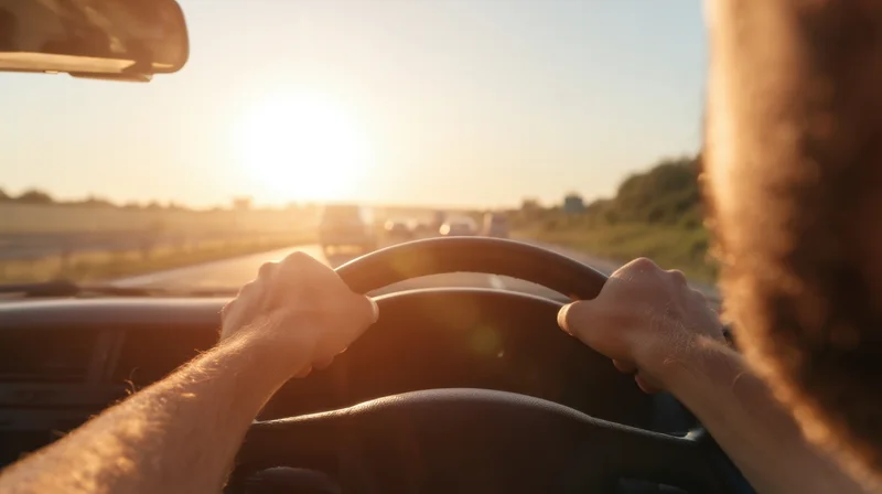 Man driving car on highway at sunset, hands on steering wheel, view from inside vehicle