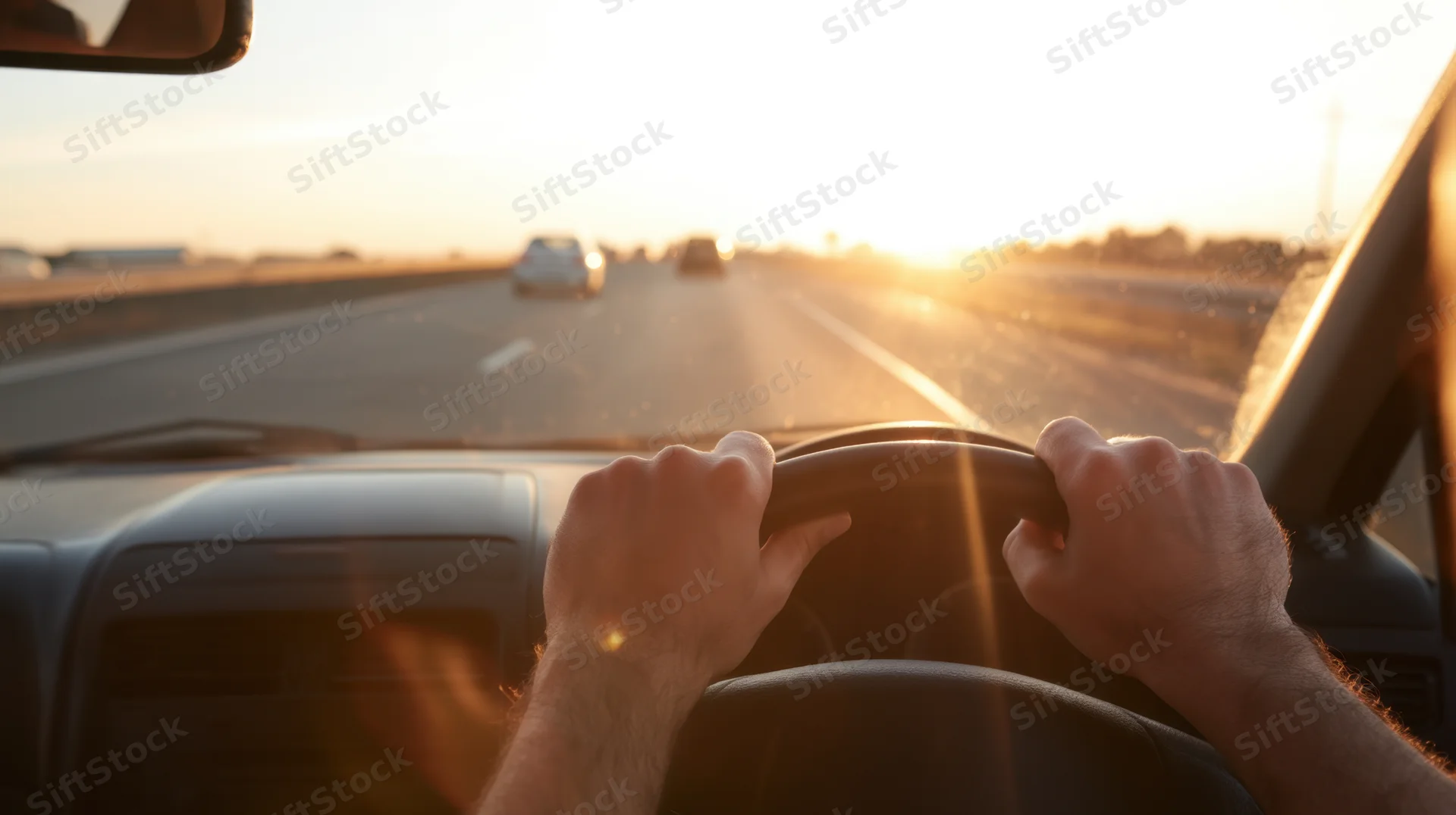Driver gripping steering wheel on highway at sunset