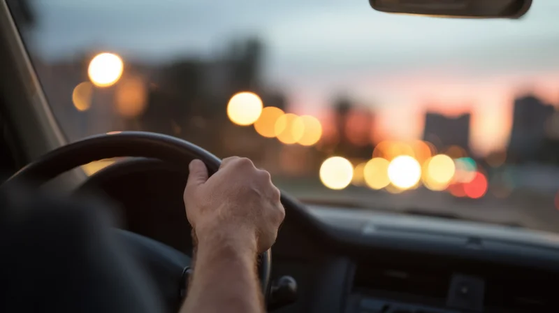 Hand gripping steering wheel inside car during twilight city drive