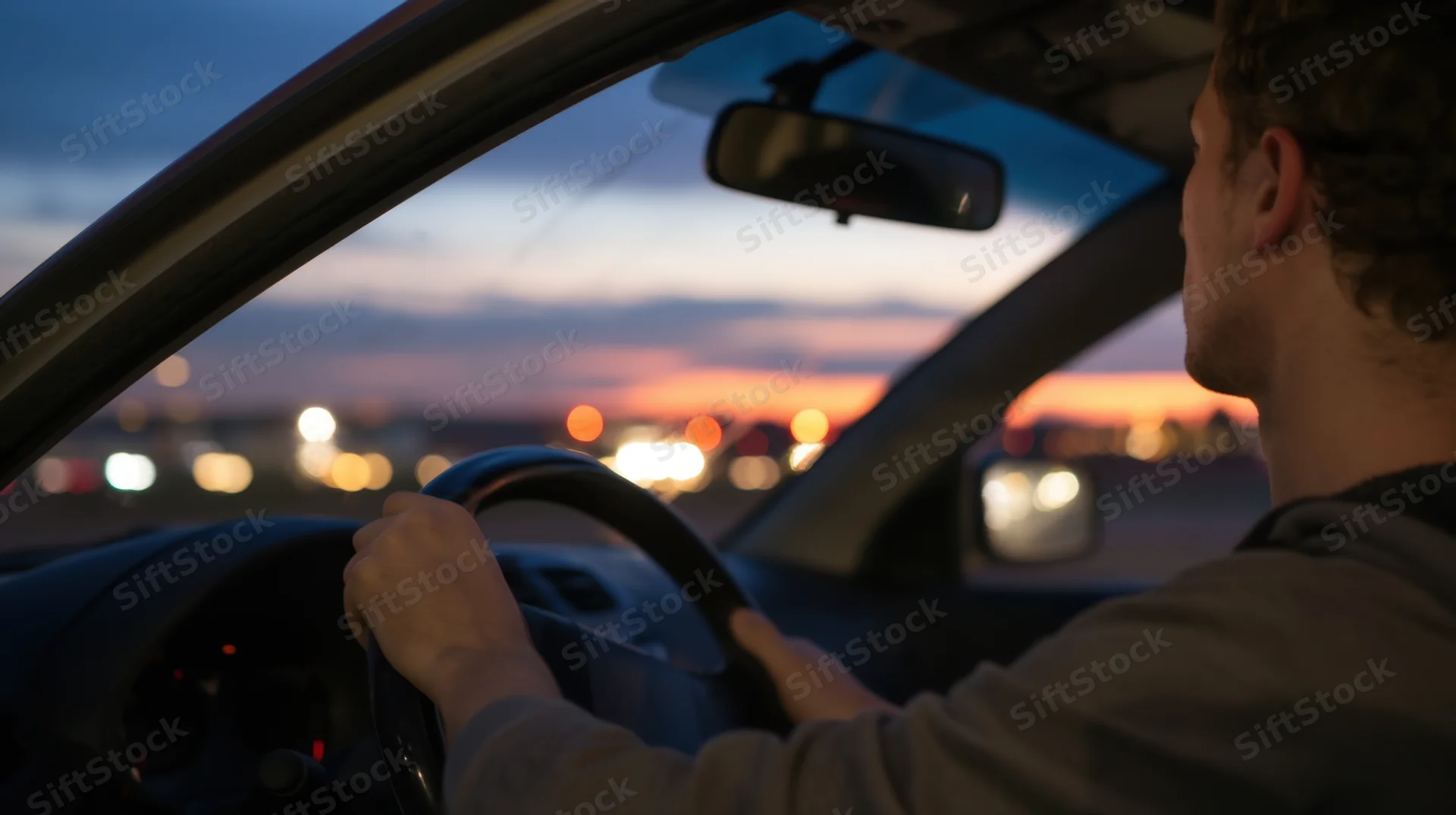 Man driving a car at twilight with hands on steering wheel, interior view showing dashboard and city lights through windshield