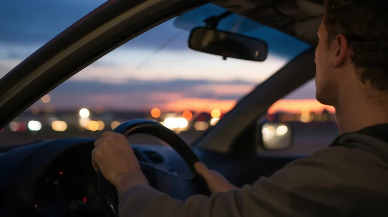 Man driving a car at twilight with hands on steering wheel, interior view showing dashboard and city lights through windshield