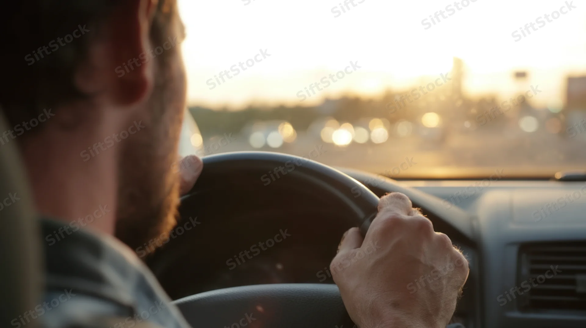 Man gripping steering wheel while driving car at sunset