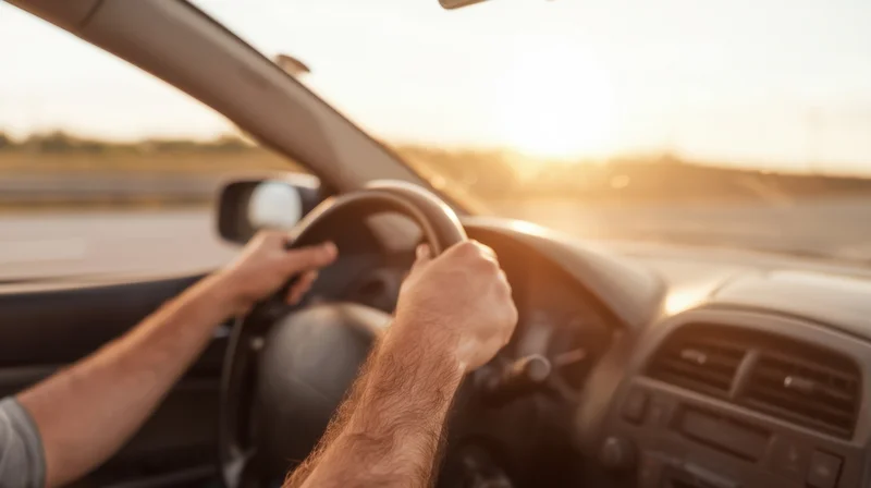 Driver's hands gripping steering wheel inside car during sunset drive