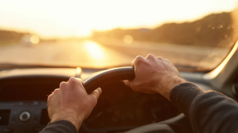 Hands gripping steering wheel while driving on a highway at sunset