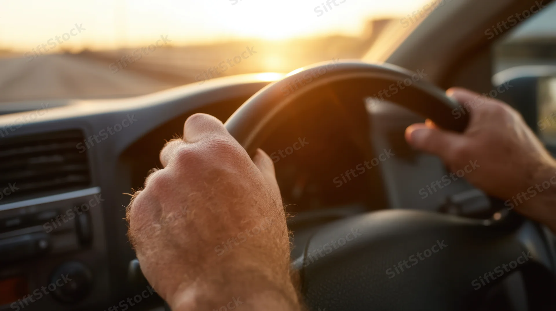 Male hands gripping steering wheel inside car during sunset drive