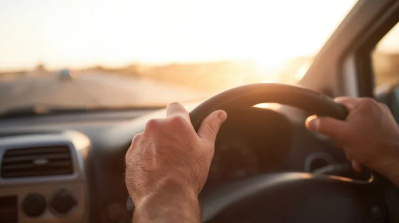 Male hands gripping steering wheel while driving car on road at sunset