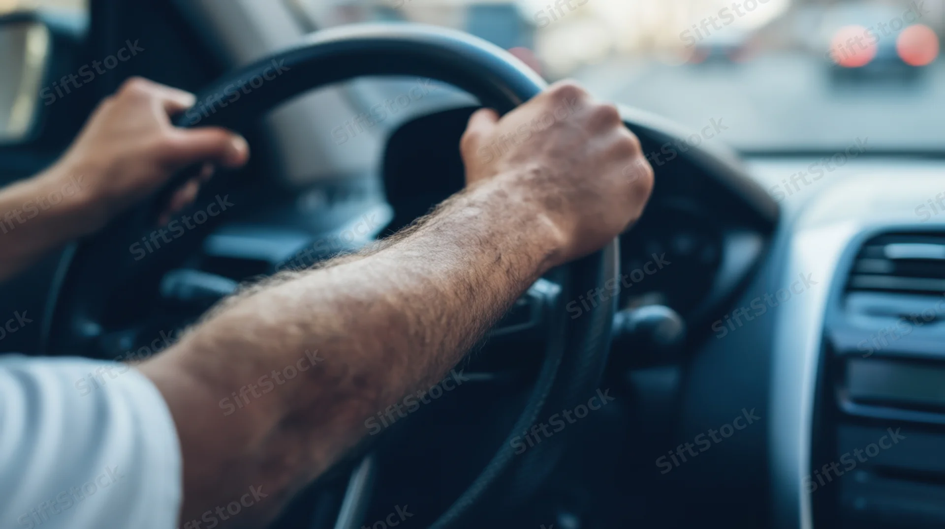 Man’s hands gripping steering wheel inside car during daytime drive