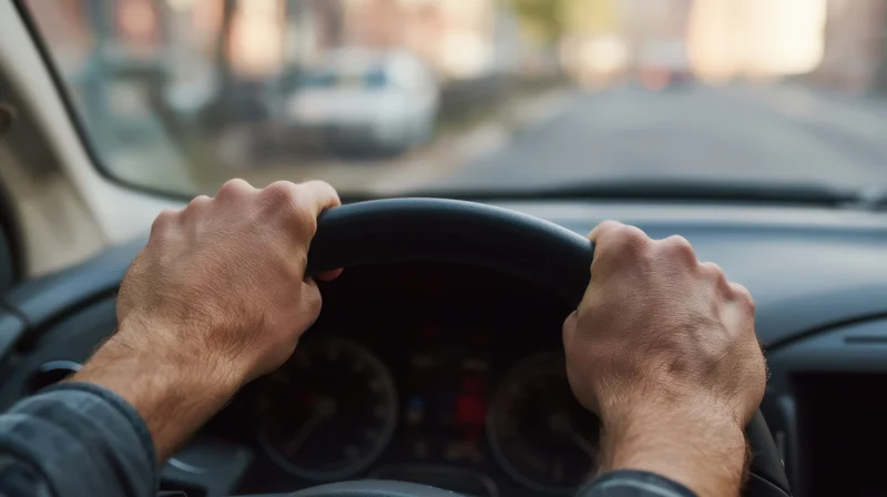 Male hands gripping steering wheel inside car during daytime drive