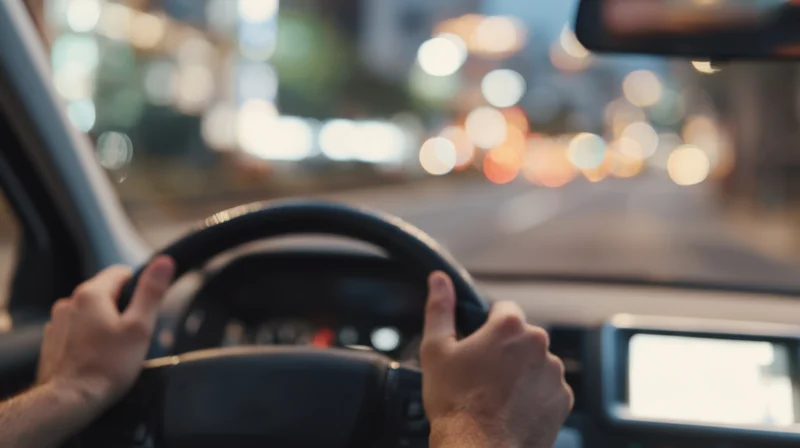 Driver's hands gripping steering wheel inside car at night on city road