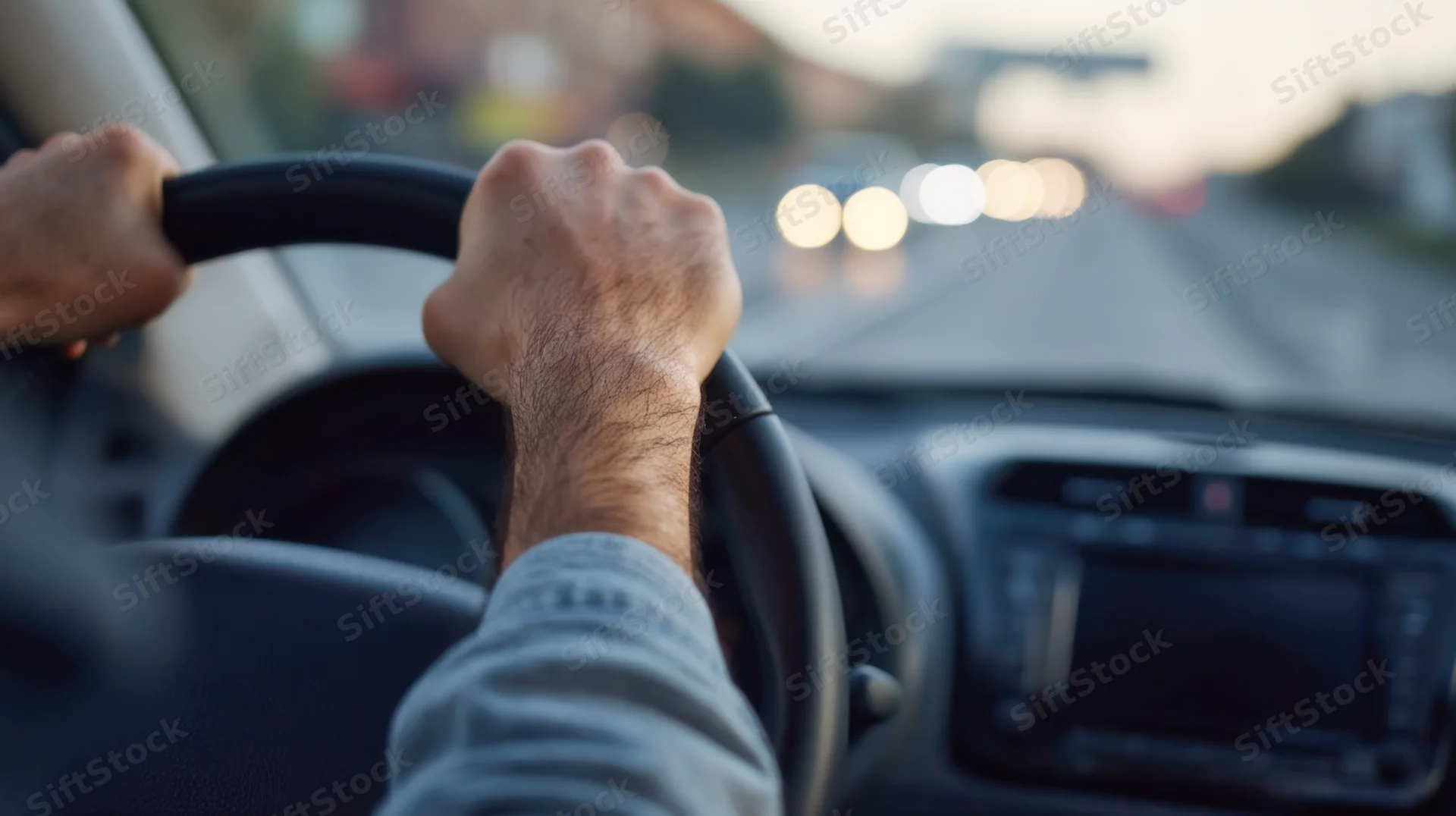 Male hands gripping steering wheel while driving on a highway at sunset