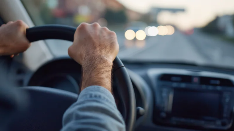 Male hands gripping steering wheel while driving on a highway at sunset
