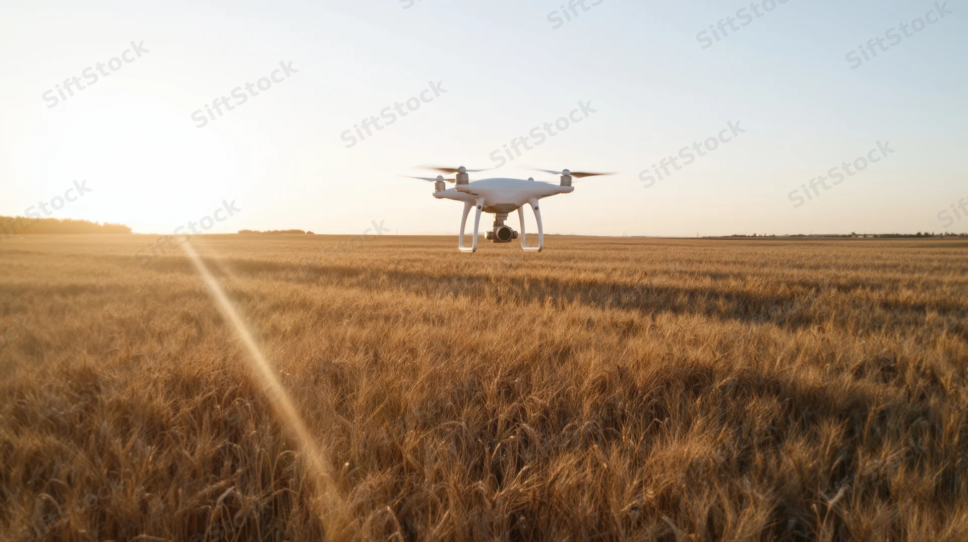 Drone hovering low over a golden wheat field at sunset