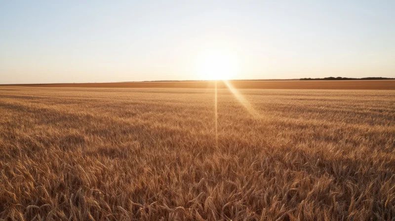 Golden wheat field at sunset viewed from low aerial angle
