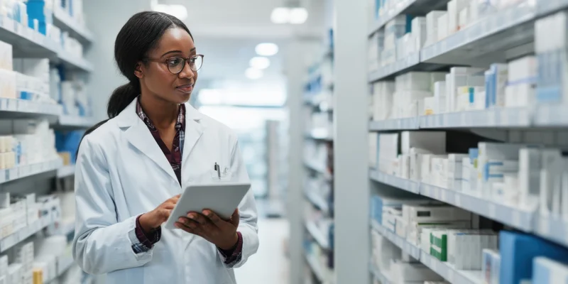 Female pharmacist using tablet in pharmacy aisle