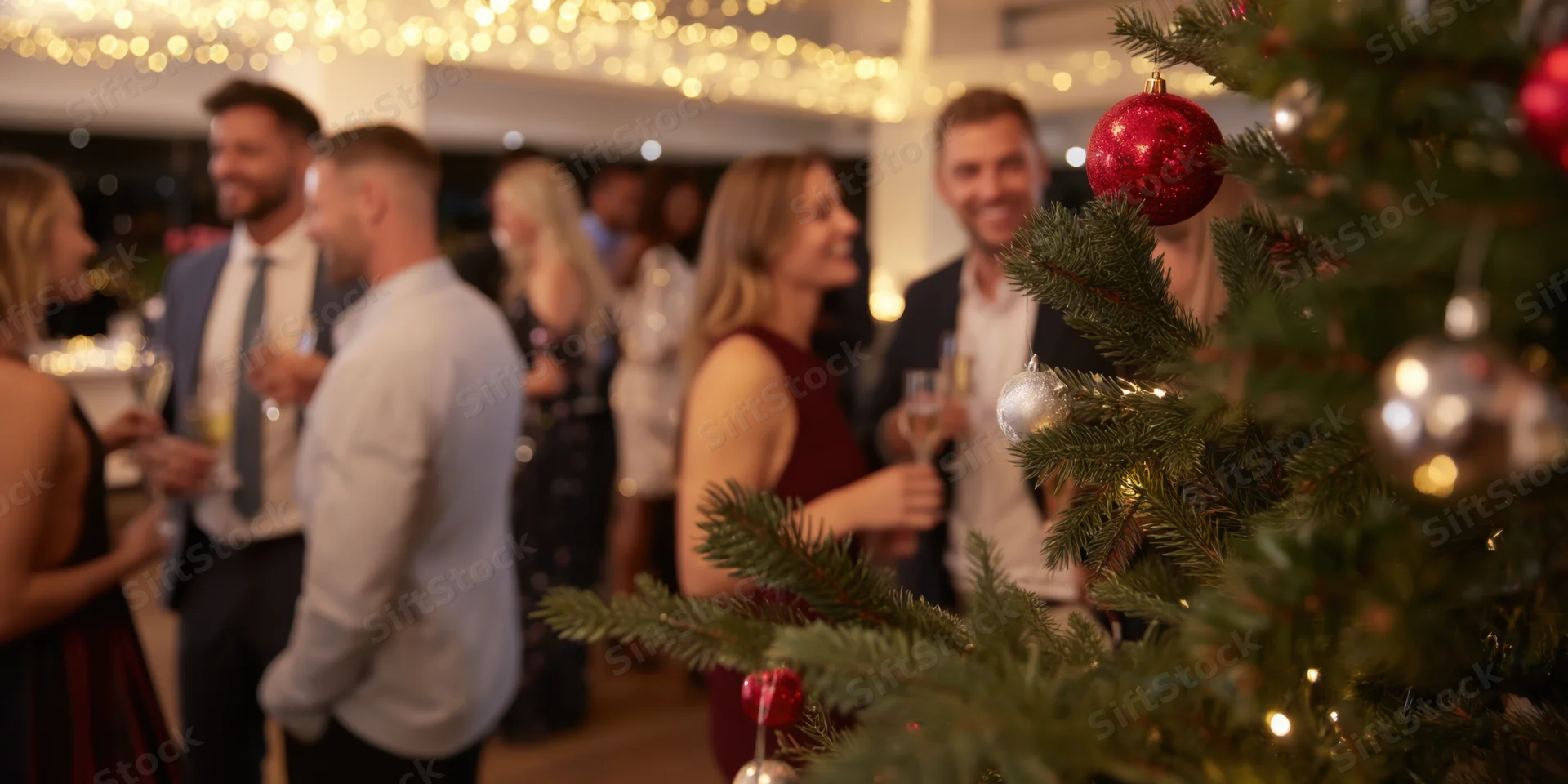 Christmas tree with red and silver ornaments in foreground at indoor holiday party with adults holding drinks and smiling in background