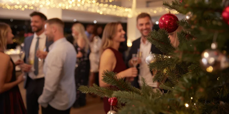 Christmas tree with red and silver ornaments in foreground at indoor holiday party with adults holding drinks and smiling in background