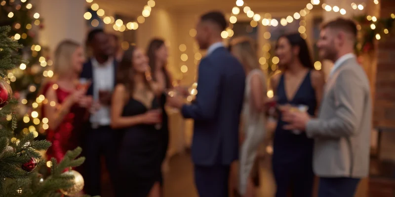 Group of adults celebrating at a festive indoor christmas party with string lights and a decorated tree